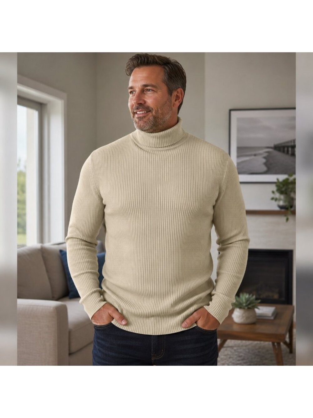 Coofandy Mens Ribbed Slim Fit Turtle Neck Sweater XXL Acrylic Beige Career NWT